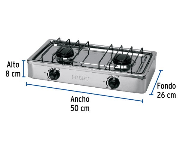 PARRILLA DE GAS DE SOBREPONER 2 QUEMADORES INOX FOSET