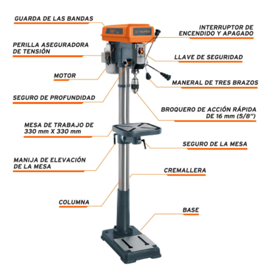 TALADRO DE BANCO MOTOR DE 1 HP, 12 VELOCIDADES, BROQUERO DE 5/8"