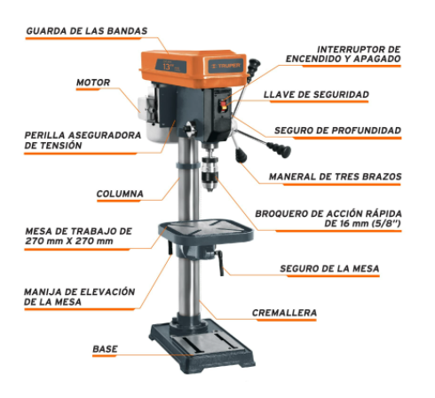 TALADRO DE BANCO MOTOR DE 3/4 HP, 15 VEL, BROQUERO 5/8"