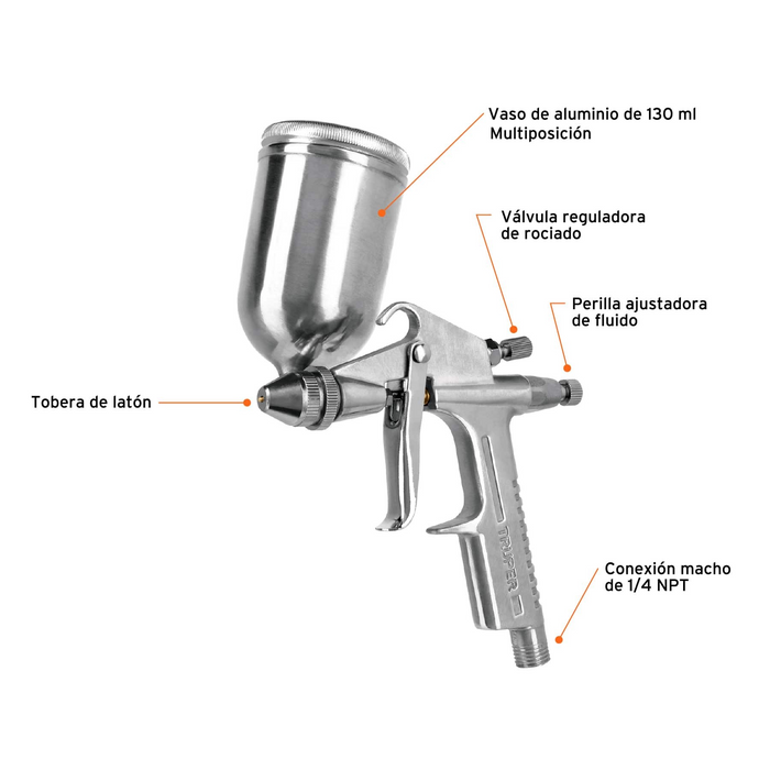 PISTOLA PARA PINTAR, DE GRAVEDAD, COMPACTA, VASO DE ALUMINIO 30 A 45 PSI