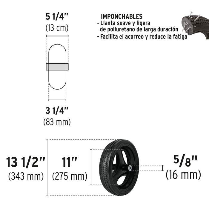 LLANTA IMPONCHABLE PARA CARRETILLA 13-1/2" X 3-1/4", COMPLETA