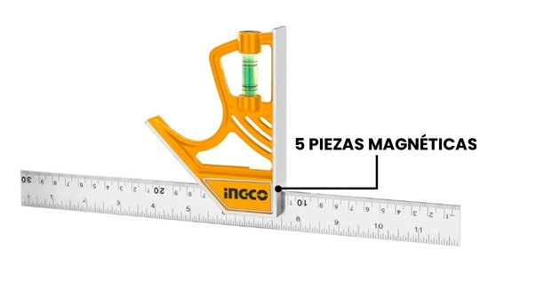 REGLA CON ESCUADRA MAGNETICA 30 CM, Y NIVEL,  INGCO