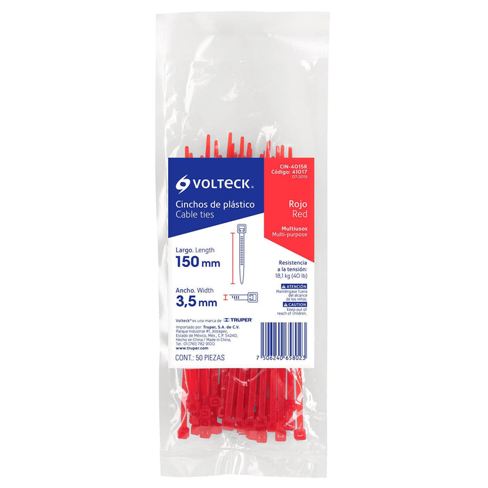 CINCHOS DE PLASTICO, 15 CM, 40 LBS, ROJO