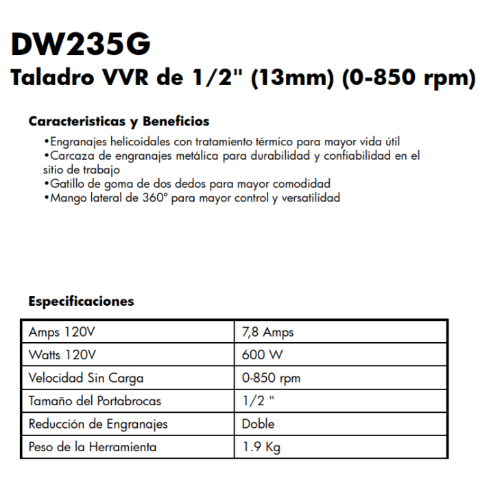 Taladro De 1/2 (13MM) 850RPM 600W Dewalt DW235G